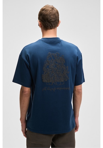 Grımelange BENFICA Erkek %100 Organik Pamuk Baskı Detaylı Oversize Kısa Kol Bisiklet Yaka Lacivert T-Shirt