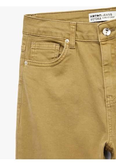 Koton Pamuklu Cepli Düğmeli İspanyol Paça Crop Jean Pantolon - Kick Flare Jeans Ada Çayı 6sal40051mw Açık Yeşil