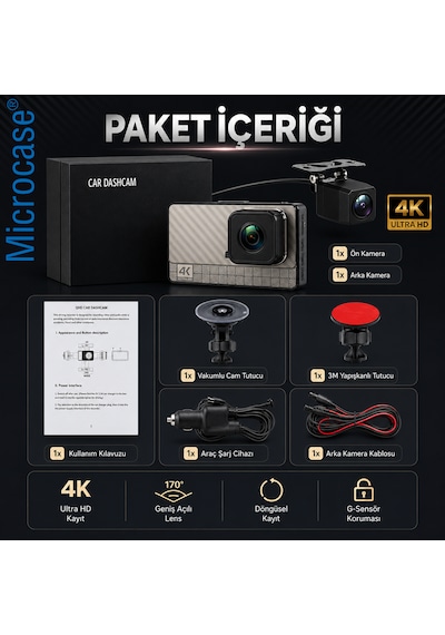 Microcase Wifi Destekli Akıllı Kayıt Sistemli 4k Çift Kameralı Araç Kamerası Video Kayıt Cihazı Al5756