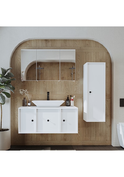 Çanak Lavabolu Mat Mdf 105 Cm Alt Dolabı + Aynalı Dolap Beyaz Mat Beyaz