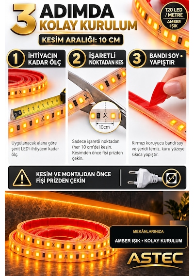 Astec Yapışkanlı 1 Metre Amber 220v Silikonlu Şerit Led Yüksek Güç Tak Çalıştır İç Dış Mekân Su Geçirmez