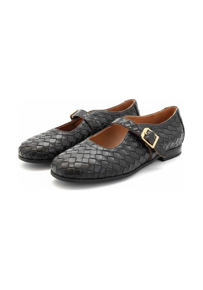 Ne&ve Shoes Kahve Hakiki Deri Örgü Detaylı Tokalı Kaddın Yuvarlak Burun Babet Siyah