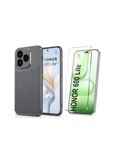 Honor 600 Lite Uyumlu Karbon Tasarım Silikon Telefon Kılıfı Ve Temperli Cam Ekran Koruyucu Gri