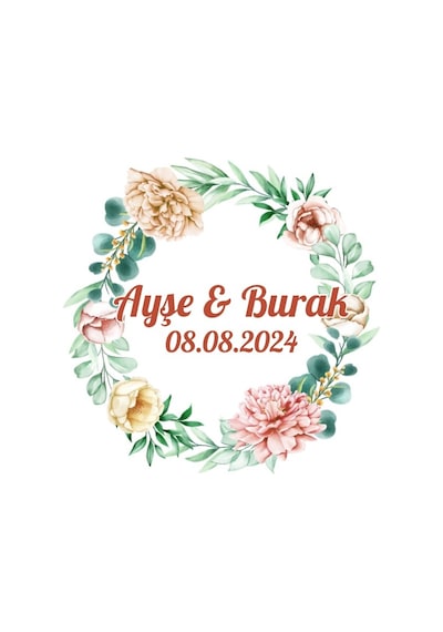 Yuvarlak Geyik Boynuzlu Çiçek Etiketi Kına Nişan Düğün 3x3 Cm Özel Etiket / 50 Adet Sticker Beyaz