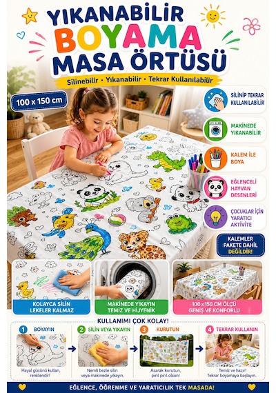 Yıkanabilir Boyama Masa Örtüsü 100 X 150 Cm Silinebilir, Tekrar Kullanılabilir Hayvan Desenli Çocuk Etkinlik Örtüsü Beyaz