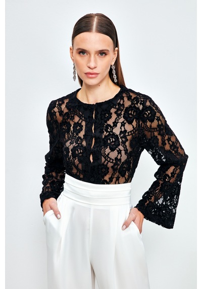 Sateen Dantelli Crop Bluz - Siyah
