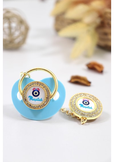 Erkek Bebek Mavi İthal Lüks Kristal Swarovski Taşlı Emzik Zincirli Askı Hediye Seti Stl6643