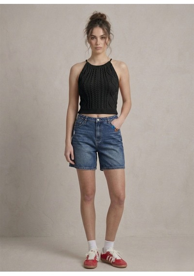 Neden Tekstil Kadın Triko Örme Halter Yaka Crop Bluz - Siyah
