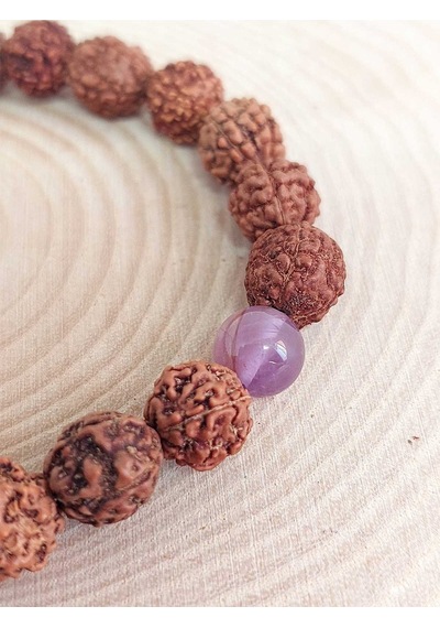 Ametist Taşlı Rudraksha Tohum Unisex Bileklik 8mm