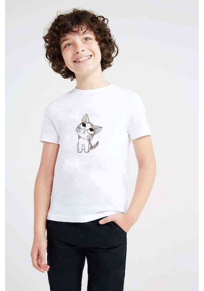 Tshirthane Kawaii Cat Şaşkın Kedi Baskılı Unisex Çocuk Beyaz T-Shirt