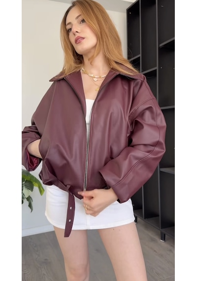 Prifaldi Premium Oversiz Bomber Deri Ceket Bordo