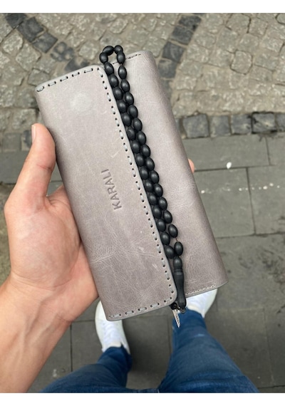 Karalı Deri Karalı Hakiki Deri Crazy Telefonluk Unisex Cüzdan Tesbih Hediyeli- Gri Gtc-6 Gri