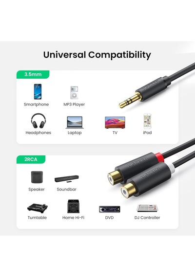 3.5mm Erkek - 2 Rca Dişi Jaklı Stereo Ses Kablosu Y Adaptörü Altın Kaplama Kulaklık Kablosu, 25cm, 10547 Belirtilmemiş