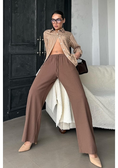 Madmext Camel Çizgili Cepli Kadın Gömlek Mg2345 Camel