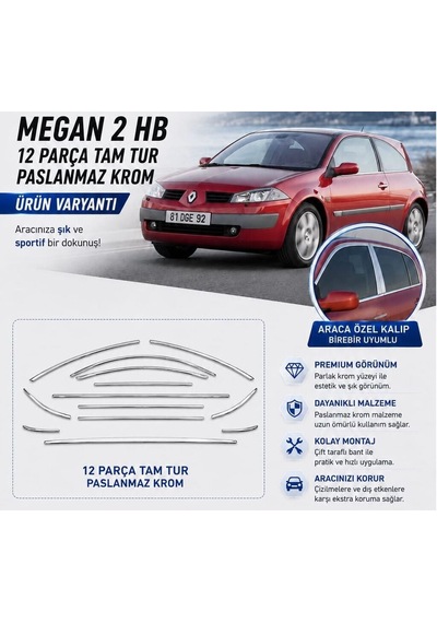 Autogp Renault Megane 2 Hb Cam Çerçevesi Kenar Çıtası Krom Tamtur 12 Parça 2003 / 2009
