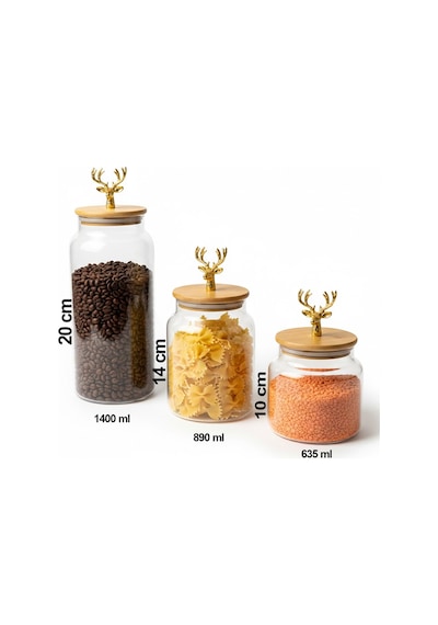 3'lü Bambu Kapaklı Metal Geyik Figürlü Şeffaf Cam Kavanoz Şeffaf Cam Saklama Kabı 635/890/1400ml Şeffaf