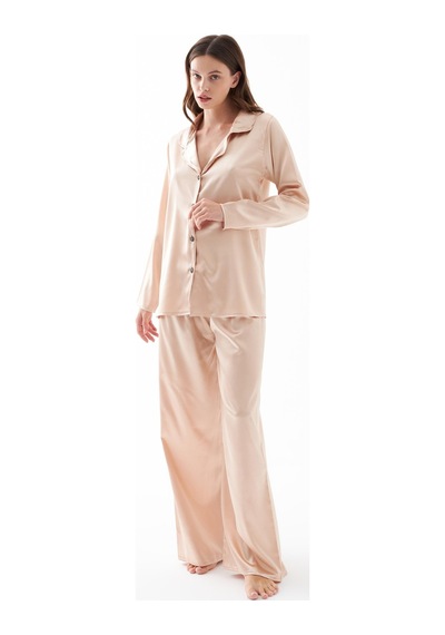 Akbeniz Kadın Bej Oversize Saten Pijama Takımı