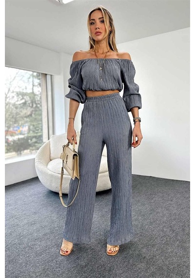 Fashion Cocktail Düşük Omuz Yazlık Lastikli Bohem Sahil Pantolon Krop Göbek Açık Kadın Takım Gri