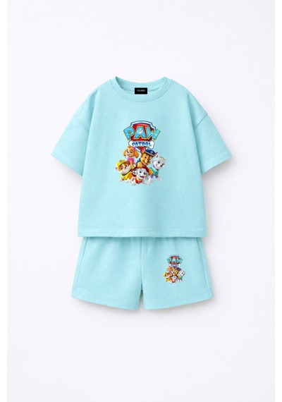 Fasardi Paw Patrol Baskılı Oversize %100 Pamuk Tişört Şort Çocuk 2li Takım Bebek Mavi
