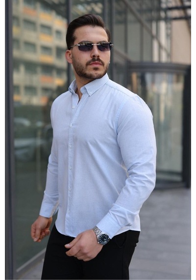 Baselco Premum Dik Yakalı Slim Fit Keten Görünümlü Gömlek A.mavi