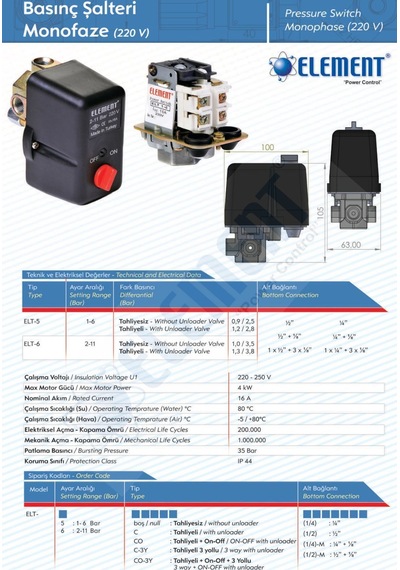 Element Elt-6 2-11 Mon. Basınç Şalteri 1/4'' - 1 Koli - 25 Adet