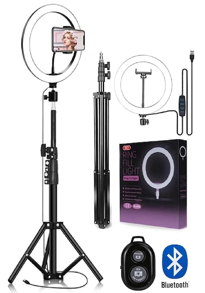 3 Renkli Led Ring Light 26 Cm 10 İnç Bluetooth Kumandalı 2.1m Tripot Youtube Tiktok Make Up Çekim Işığı Siyah