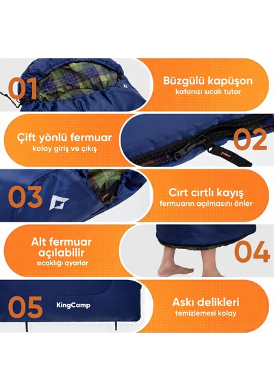 Kingcamp Sevan 250 Konforlu Uyku Tulumu Navy Sol F. Lacivert