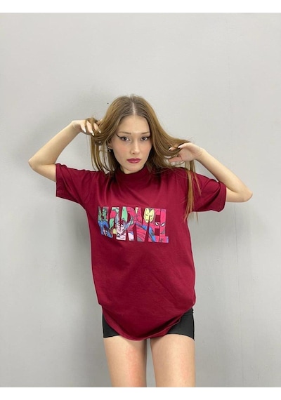 Flood Of Style Kadın Bordo Marvel Baskılı Oversize Bisiklet Yaka Tshirt