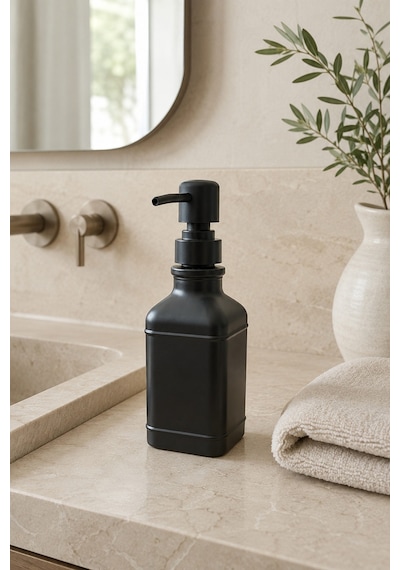Aura Cam Sıvı Sabunluk 400 Ml Siyah Pompalı Modern Dekoratif Banyo Ve Mutfak Dispenseri - 19,5 Cm X 6 Cm X 6 Cm