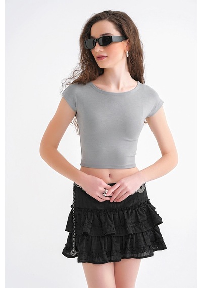 Mixray 2009 Kadın Vücuda Oturan Basic Crop T-shirt Gri