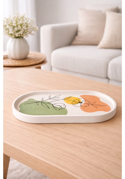 Dekoratif Art Line Stil Oval Tabak - El Yapımı Çiçek Desenli Modern Ev Dekoru 19 X 8 Cm