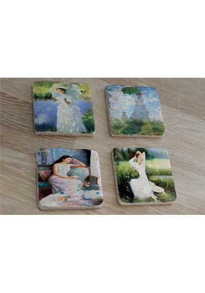 Monet Ve Kadınlar Doğal Taş Bardak Altlığı 4'lü Set - Natural Stone Coasters - Taş Çok Renkli