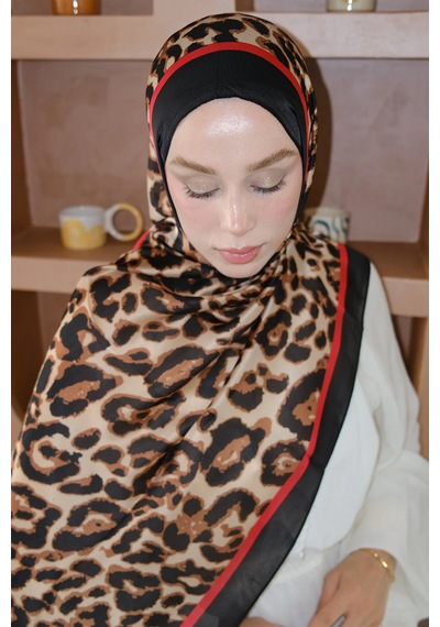 Miorel Scarfs Yeni Sezon Leopar Desen Vual İpek Şal Premium Fular Silk Scarfs Shawl Hijab Kırmızı