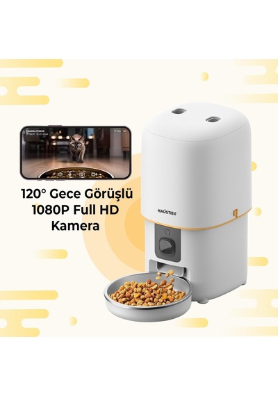 Pf05 Beyaz Kameralı 1080p Fhd Gece Görüş Akıllı Otomatik Kedi Mama Kabı, Tuya App-wifi Uzaktan Kontrol, Sesle Çağırma, 2.4ghz-5ghz, 4lt Hazne, Metal Kase