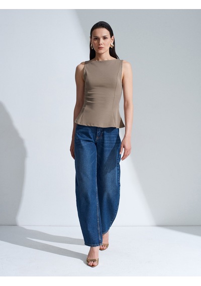 Dilvin 21001 Kayık Yaka Peplum Top-açık Haki