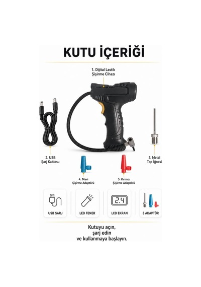 Shopexxtra Dijital Lastik Şişirme Cihazı, Kablosuz Araç Hava Pompası, Lcd Ekranlı, Led Fenerli, Otomatik Durdurmalı, Usb Şarjlı Oto Lastik Pompası