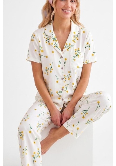Çiçek Baskılı Bürümçük Kumaş Kısa Kollu Pijama Takımı 6067 Çok Renkli