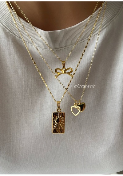 3'lü Kurdele Gold Charm Kadın Kolye Kombin Sarı Sarı