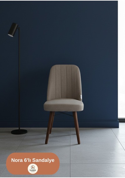 Nora 6 Adet Sandalye - Keten Kumaşlı Sandalye Modern Ahşap Ayaklı Yemek & Çalışma Sandalyesi Minimal Tasarım Krem