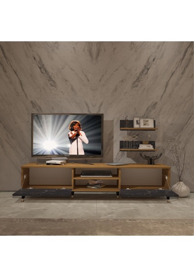 Decoraktiv Eko 4 Mdf Dvd Gold Tv Ünitesi Tv Sehpası Pera - Siyah Mermer