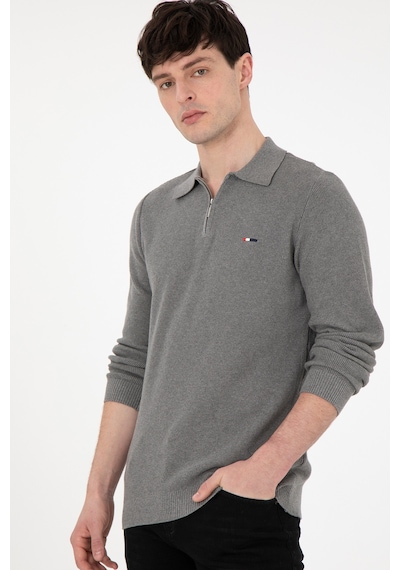 U.S. Polo Assn. Erkek Regular Fit Yarım Fermuarlı Gri Melanj Basic Kazak 50298266-VR086