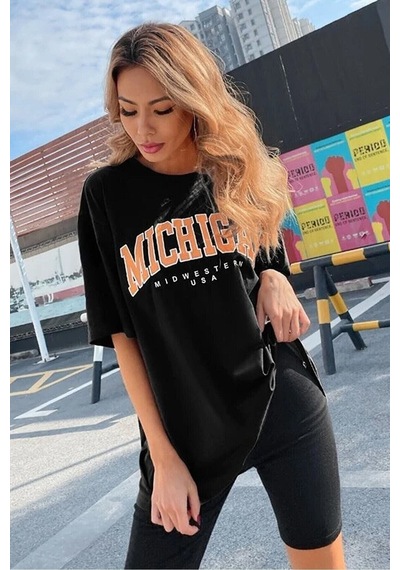 Flood Of Style Kadın Siyah Oversize Michigan Baskılı T-shirt