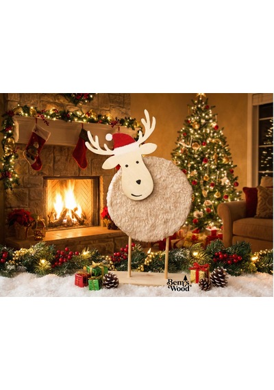 Sevimli Ahşap & Peluş Yılbaşı Geyiği Figürü - Noel Şapkalı Dekor Ahşap