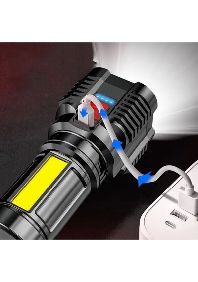 Ultra Parlak El Feneri Usb Şarj 4 Led+yan Cob Led Taktik Günlük Hayat Kamp Avcılık El Feneri Çok Renkli