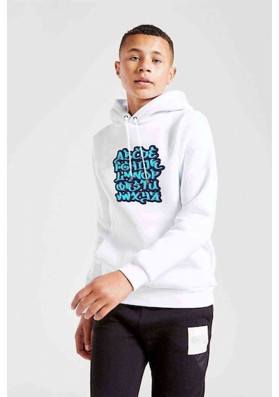 Tshirthane Graffiti Letter Tag Baskılı Unisex Çocuk Kapüşonlu Beyaz Sweat Beyaz