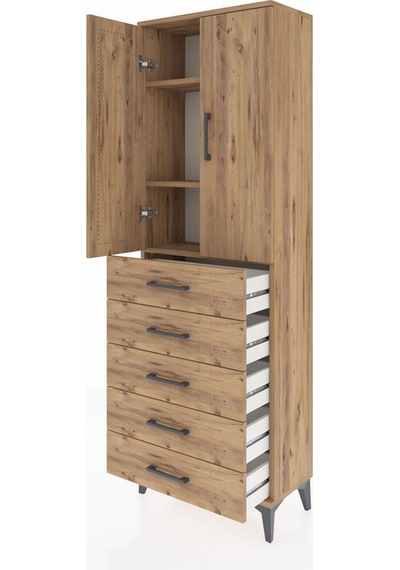 Arges Dolap 3 Raflı 5 Çekmeceli 2 Kapaklı 60x30x182 Çam-çam Çam