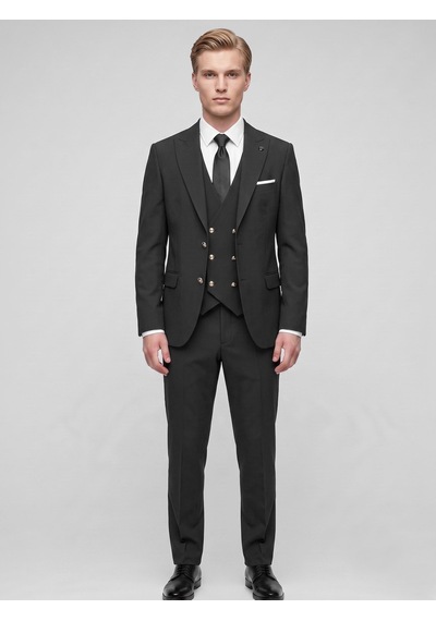 Erkek 3 Parça Slim Fit Takım Elbise Kruvaze Yelekli Modern Kesim Şık Takım Siyah