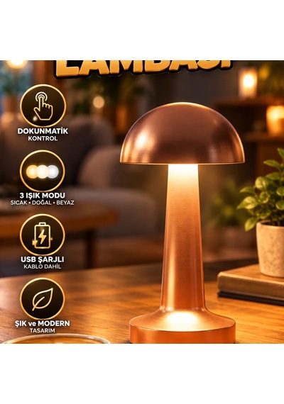 Bronz Led Masa Lambası 3 Işık Modlu Dokunmatik Ve Usb Şarjlı Renkli