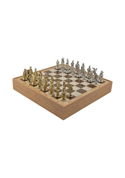 Gifthome Büyük Boy Metal Osmanlı-bizans Satranç Takımı Parlak Ve Rustik Desenli Sandıklı Mdf Tahtası 36x36 Cm.