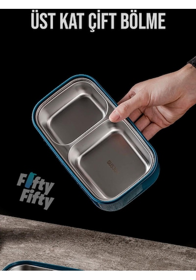 Vagonlife İki Kat Üç Bölme Paslanmaz Çelik Bento Lunch ffbl50002 1400 ML